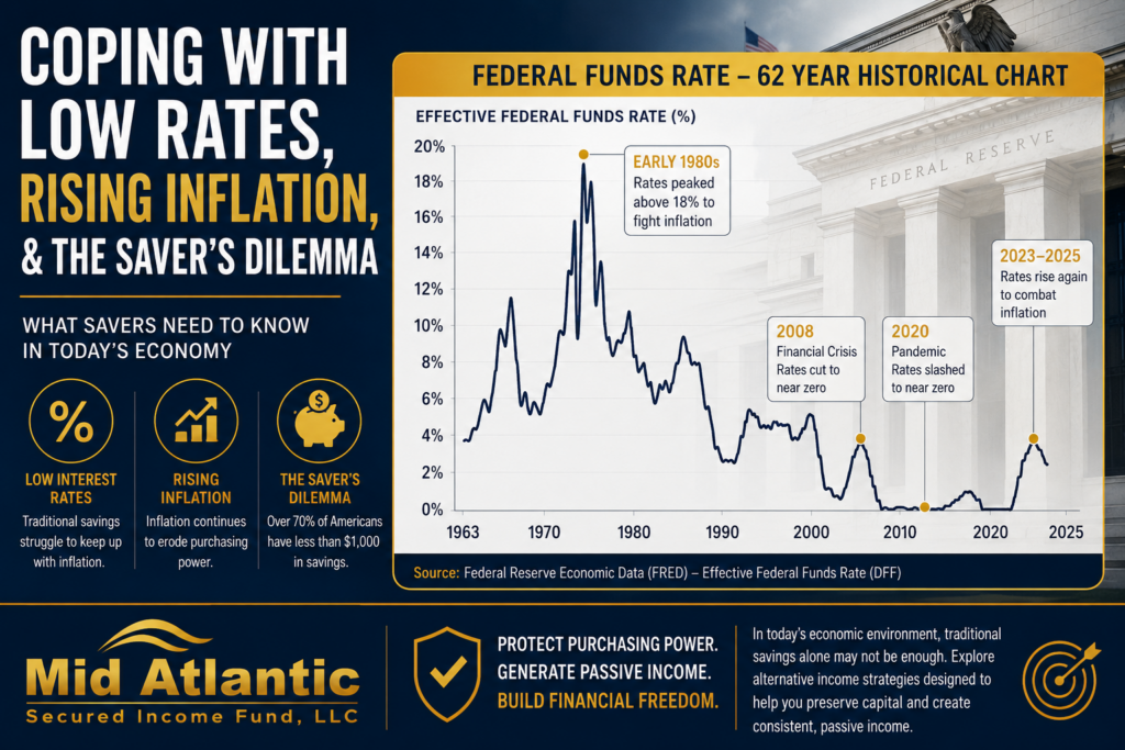 Federal Funds Rate 62-year historical chart illustrating low interest rates, inflation, and the saver’s dilemma