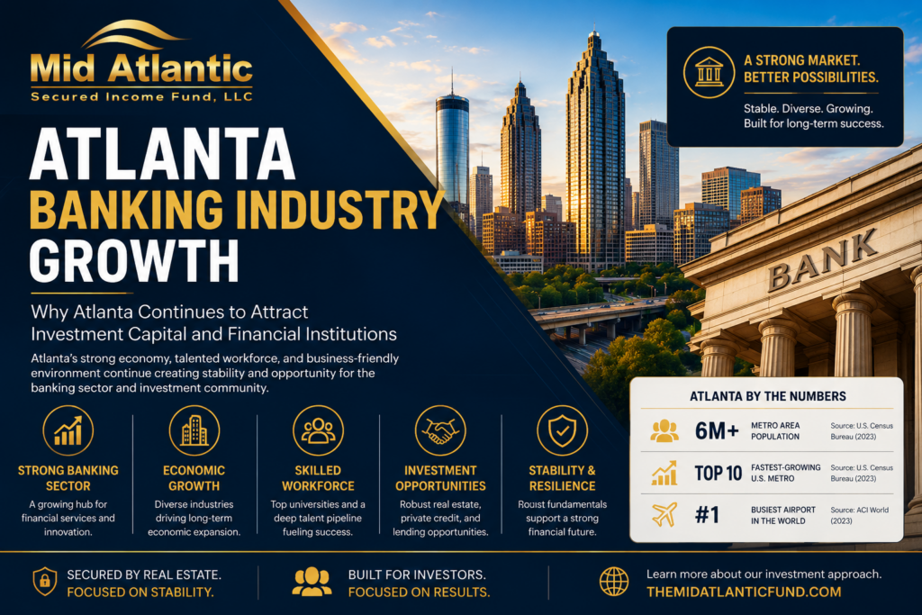 Atlanta banking industry growth infographic featuring the Atlanta skyline, financial sector expansion, and investment opportunities by Mid Atlantic Secured Income Fund.