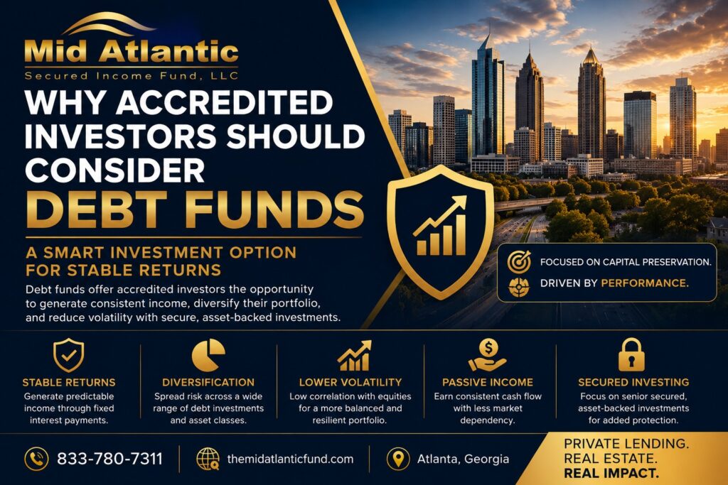 Debt funds for accredited investors featured image by Mid Atlantic Secured Income Fund showing Atlanta skyline, stable returns, passive income, diversification, and secure private lending investments.