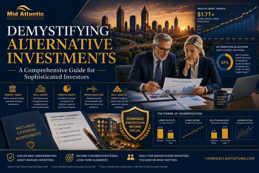 Demystifying alternative investments featured image showing affluent investors, Atlanta skyline, private credit charts, real estate assets, and institutional investment visuals for sophisticated investors.