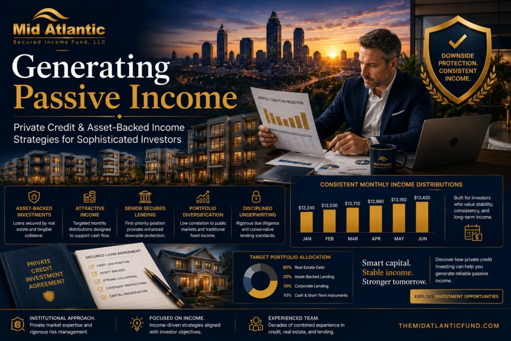 Affluent investors reviewing passive income and private credit portfolio reports with the Atlanta skyline, real estate assets, and asset-backed lending visuals representing income-focused investing strategies.