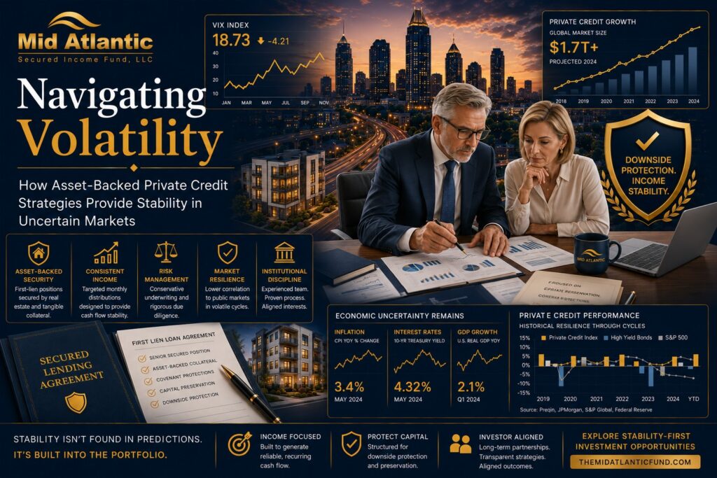 Institutional investment image showing investors reviewing market volatility and private credit portfolio reports alongside real estate collateral and asset-backed lending visuals representing stability-focused investing strategies.