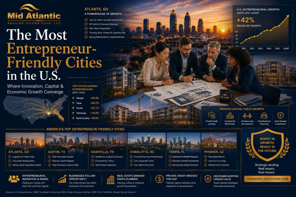 Entrepreneur-friendly cities featured image showing the Atlanta skyline, business owners, economic growth charts, commercial real estate development, and private investment visuals representing business growth and economic opportunity in the United States.
