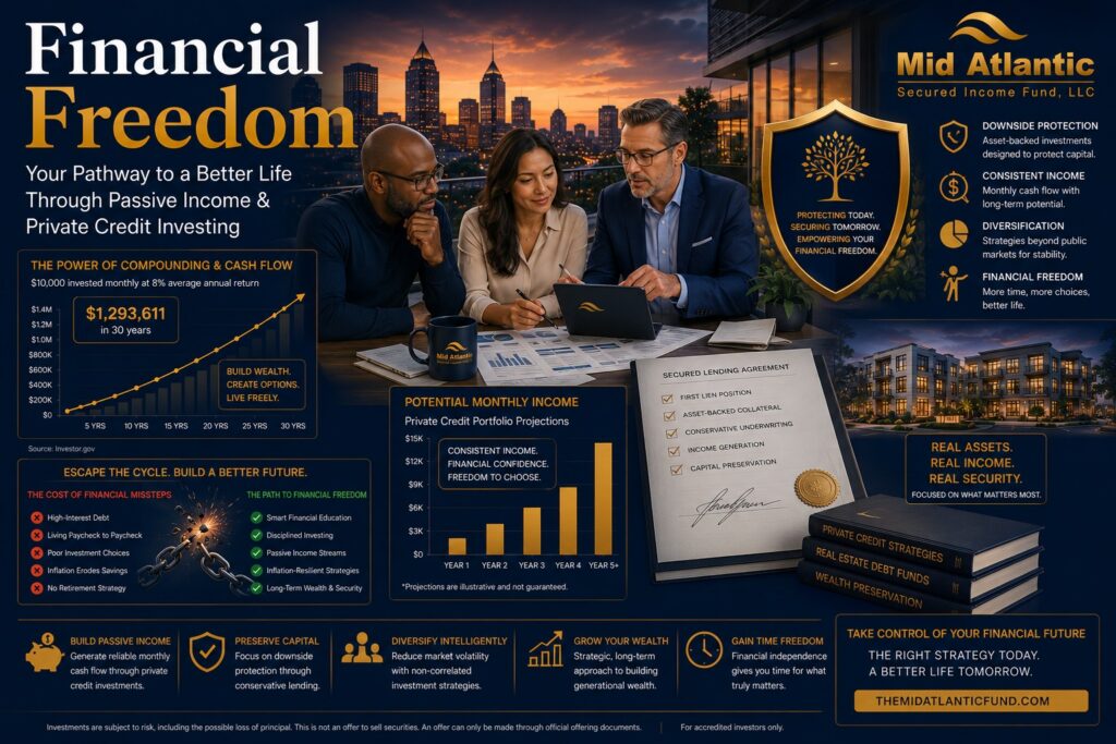 Financial Freedom featured image showing passive income investing, private credit strategies, retirement planning, Atlanta skyline, and real estate-backed investments by Mid Atlantic Secured Income Fund.