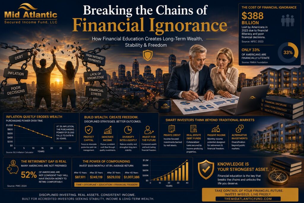 Breaking the Chains of Financial Ignorance featured image showing Americans overcoming debt and financial stress through education, investing, and wealth-building strategies alongside the Atlanta skyline.