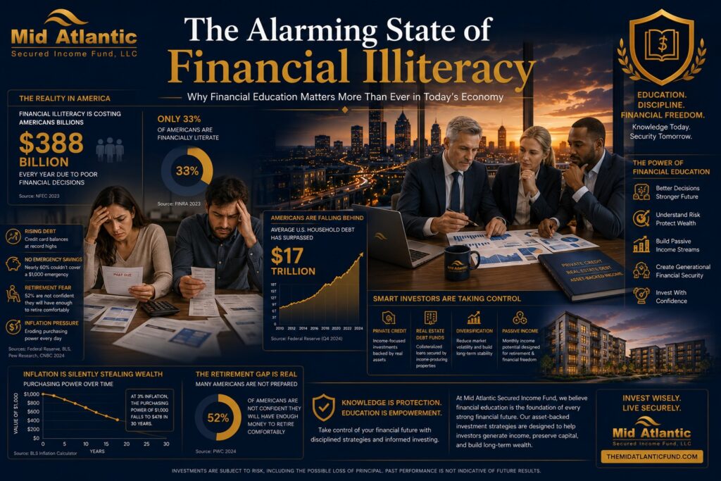 The Alarming State of Financial Illiteracy featured image showing Americans reviewing financial reports, inflation charts, and investment data alongside the Atlanta skyline and private credit visuals.