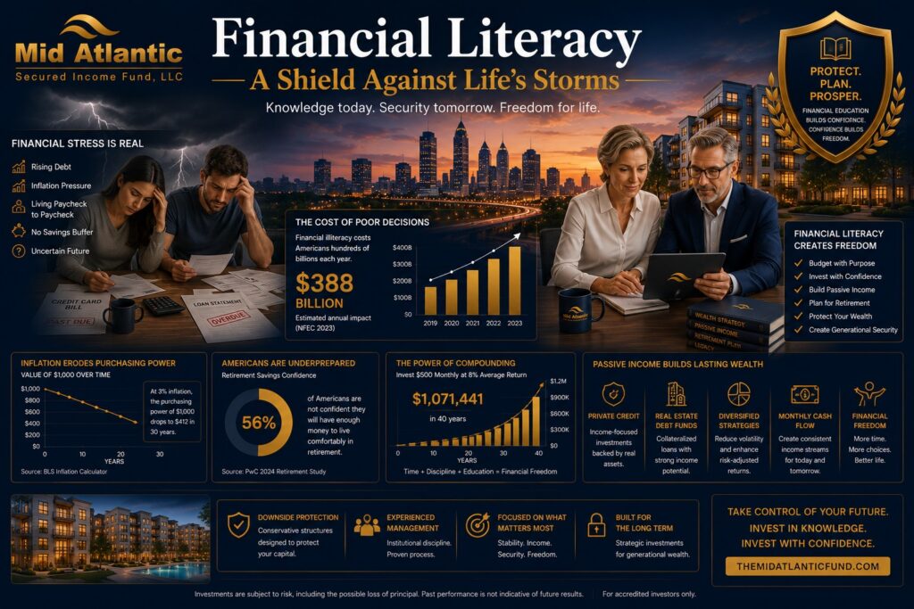 Financial literacy themed image featuring investors reviewing wealth strategies, inflation charts, passive income projections, and the Atlanta skyline representing financial resilience and long-term wealth building.