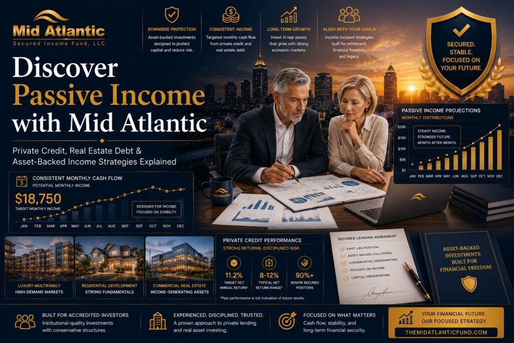 Passive income investing featured image showing sophisticated investors reviewing income portfolio reports, Atlanta skyline, private credit charts, secured lending agreements, and real estate-backed investment visuals representing alternative income strategies.