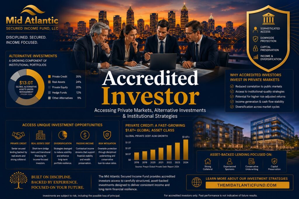 Sophisticated accredited investors reviewing private market investment strategies with private credit charts, Atlanta skyline, and institutional portfolio visuals.