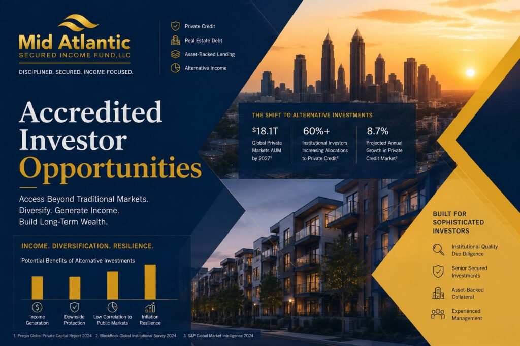 Accredited investors reviewing alternative investment portfolio opportunities including private credit and real estate-backed lending.