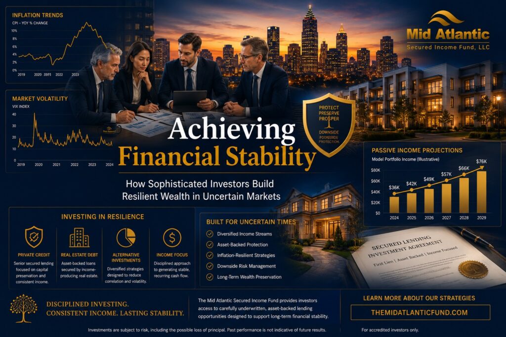 Sophisticated investors reviewing resilient wealth strategies with inflation charts, private credit visuals, and Atlanta skyline at sunset.