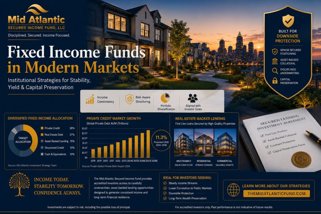 Affluent investors reviewing fixed income fund strategies with private credit analytics and Atlanta skyline background