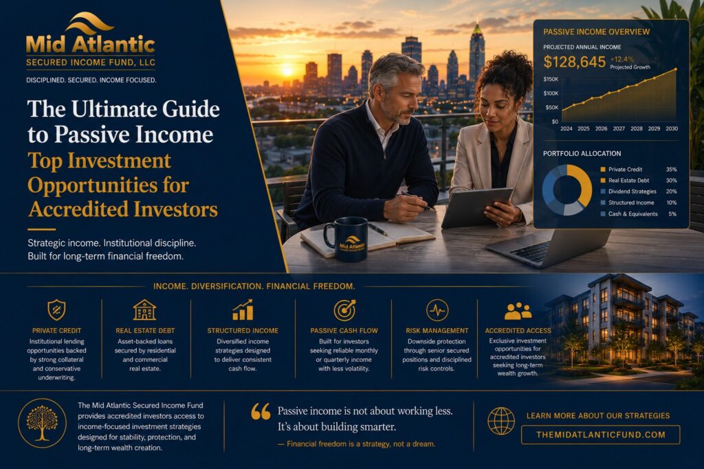 Affluent investors reviewing passive income investment strategies and portfolio analytics with Atlanta skyline background and institutional financial visuals.