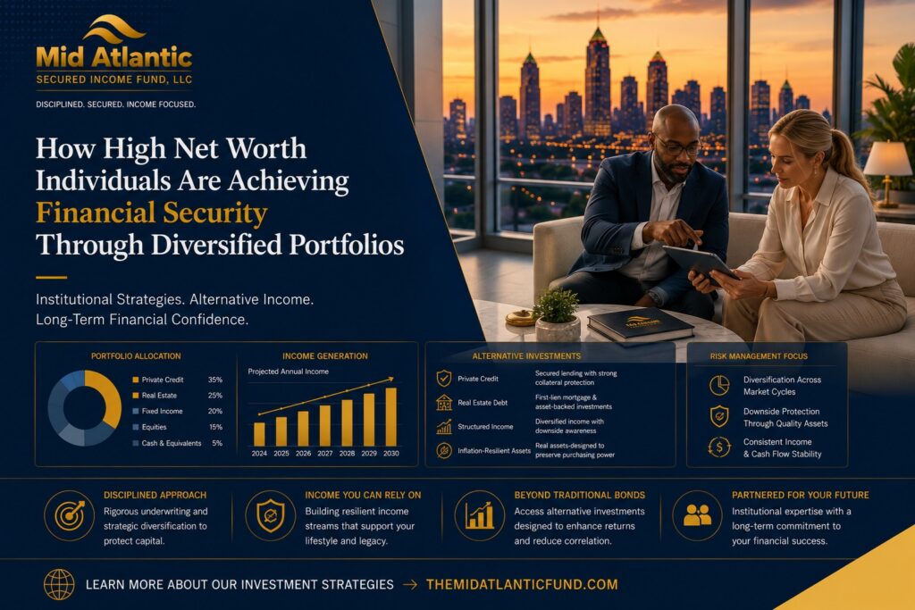 Affluent investors reviewing diversified portfolio analytics and alternative investment strategies overlooking the Atlanta skyline at sunset.
