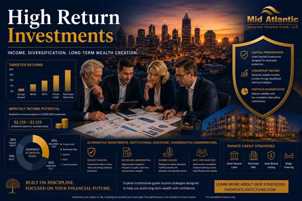 Affluent investors reviewing high return investment strategies with private credit charts, Atlanta skyline, real estate collateral, and passive income projections.