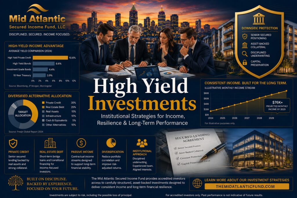 Institutional-style graphic showing affluent investors reviewing high yield investment strategies with portfolio analytics, private credit visuals, Atlanta skyline, and passive income projections.