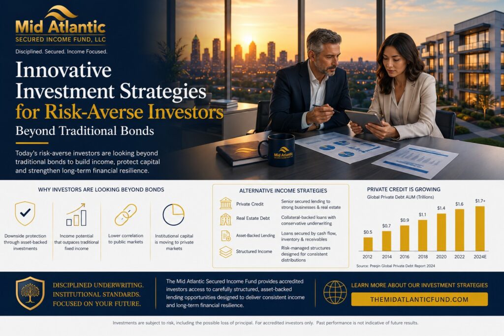 Sophisticated investors reviewing alternative fixed-income and private credit investment strategies overlooking the Atlanta skyline at sunset.