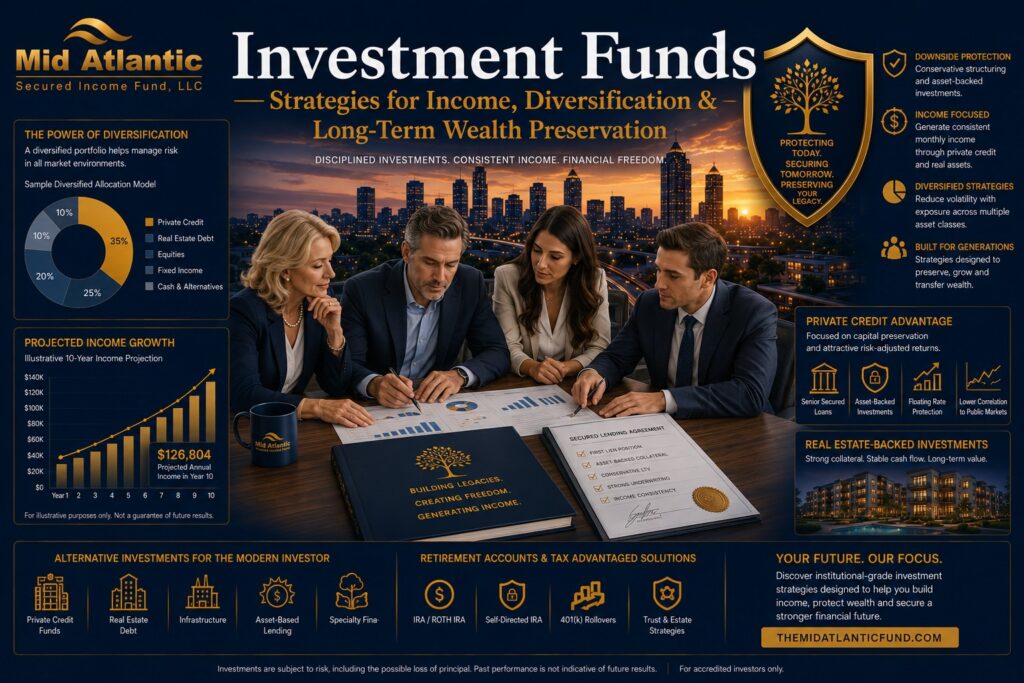 Investment funds banner featuring diversified portfolios, private credit investments, retirement planning visuals, Atlanta skyline, and institutional wealth management graphics.