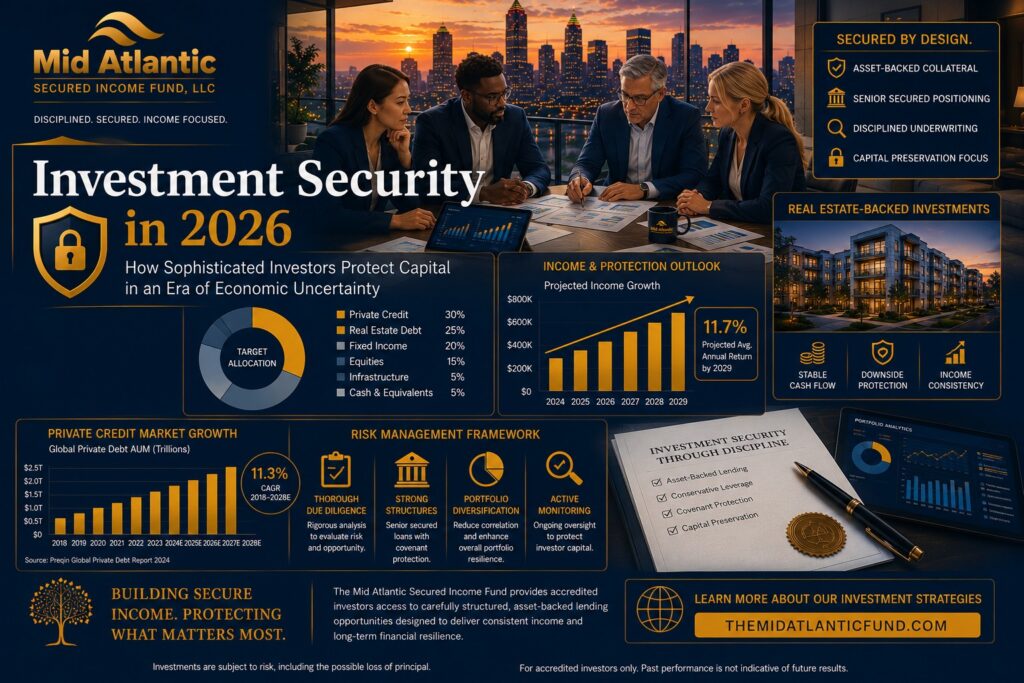 Sophisticated investors reviewing secure investment strategies and diversified income portfolios overlooking the Atlanta skyline at sunset.