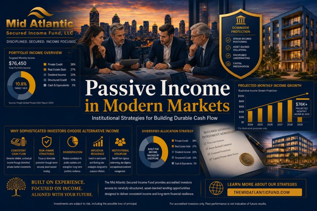 Affluent investors reviewing passive income portfolio strategies with private credit, real estate-backed lending, and recurring income analytics against the Atlanta skyline.