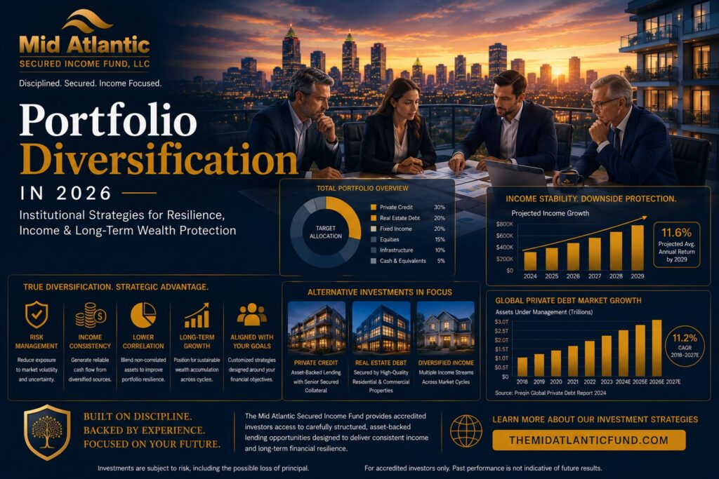 Sophisticated investors reviewing diversified portfolio allocation strategies with private credit, fixed income, and real estate-backed investments overlooking the Atlanta skyline at sunset.