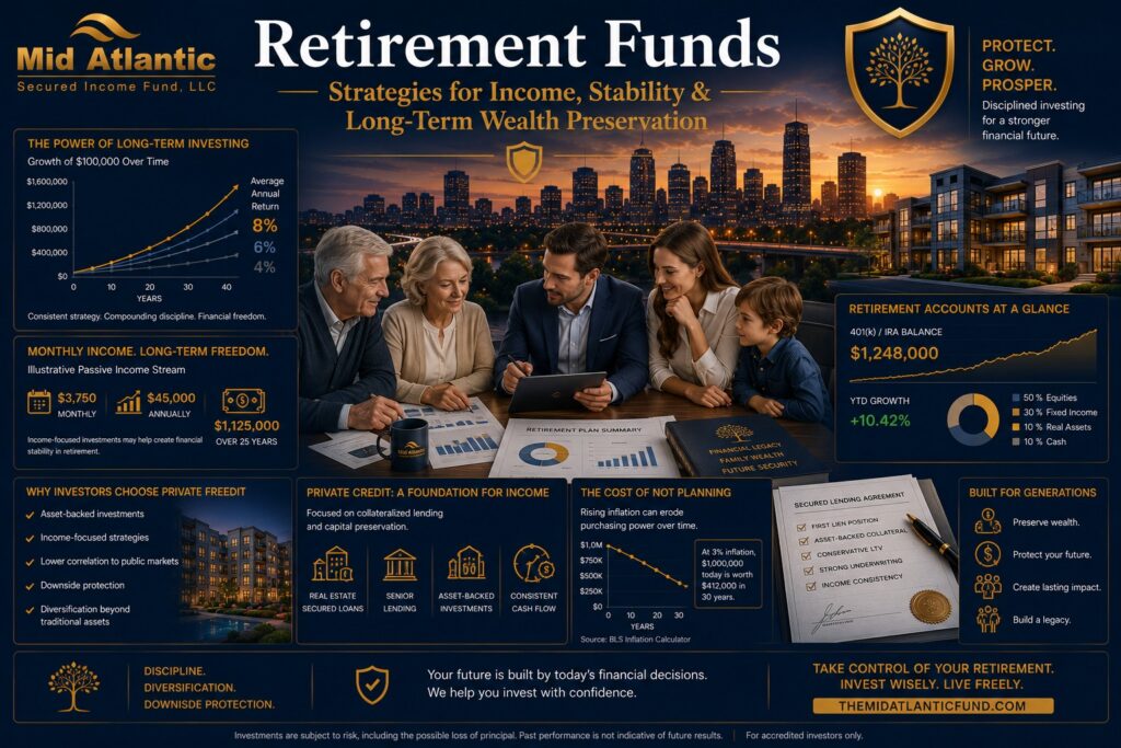 Retirement investing image featuring affluent retirees reviewing portfolio reports, passive income charts, and retirement projections with the Atlanta skyline in the background.