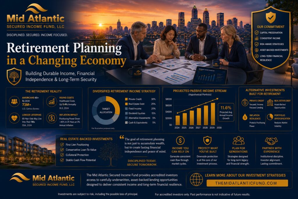 Affluent retirees and advisors reviewing retirement planning strategies with portfolio analytics and passive income projections overlooking the Atlanta skyline.