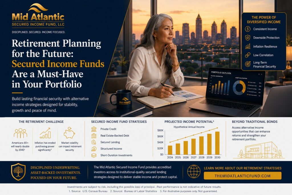 Affluent family reviewing retirement income portfolio strategies with Atlanta skyline and institutional investment dashboards.