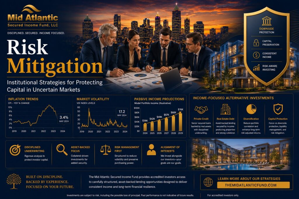 Institutional investors reviewing portfolio risk mitigation strategies with private credit charts, Atlanta skyline, real estate-backed lending visuals, and downside protection concepts.