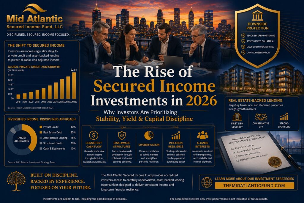 Institutional investors reviewing secured income investment strategies, private credit analytics, and recurring cash flow projections against the Atlanta skyline.
