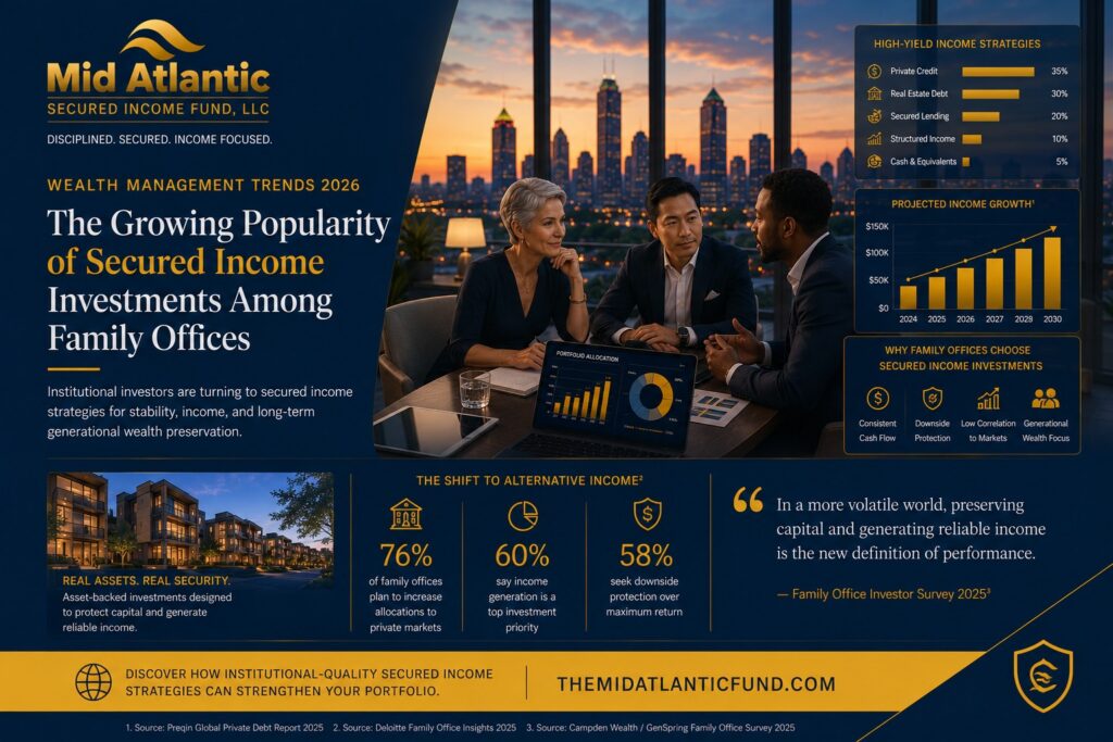 Family office advisors reviewing secured income investment strategies and portfolio diversification analytics with Atlanta skyline background.