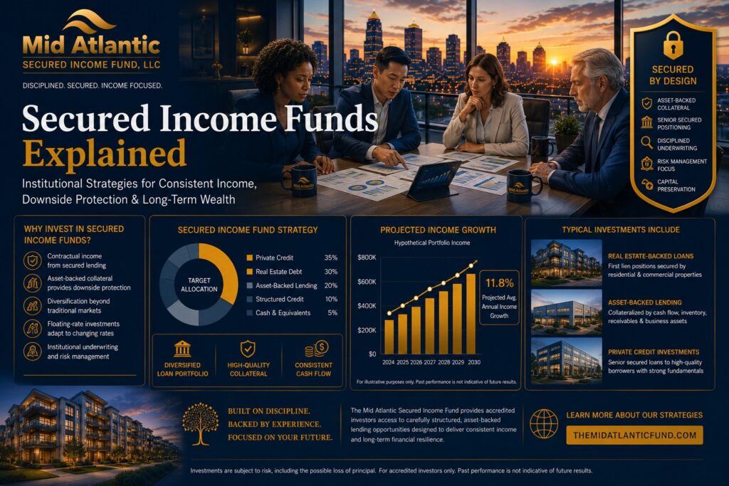 Affluent investors reviewing secured income fund portfolio strategies with private credit and real estate-backed investment analytics overlooking the Atlanta skyline.