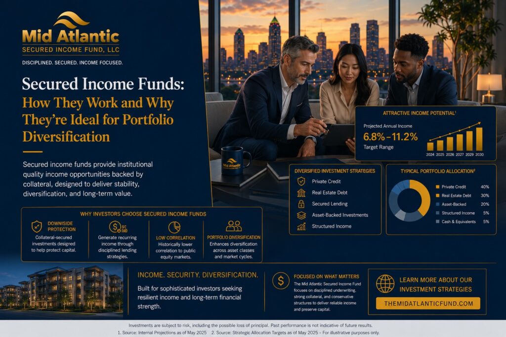 Affluent investors reviewing secured income fund portfolio diversification strategies with Atlanta skyline and institutional investment analytics.