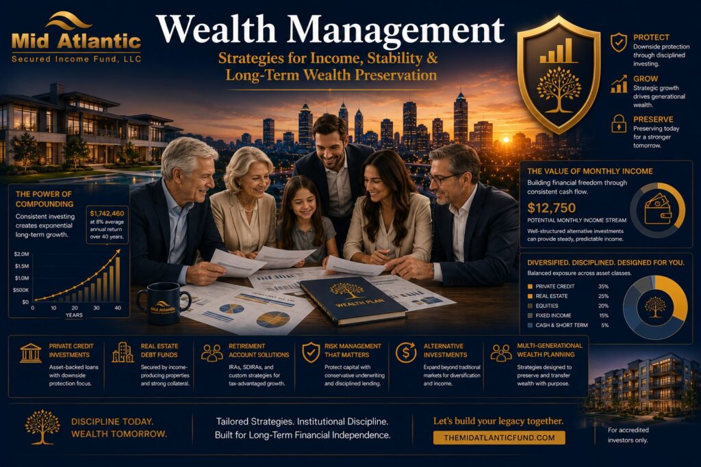 Wealth management featured image showing affluent investors reviewing retirement and passive income strategies with Atlanta skyline, portfolio analytics, private credit visuals, and asset-backed real estate investments.