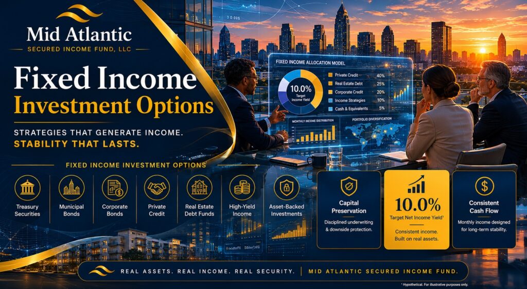 Fixed income investment options featured image showing institutional portfolio analytics, alternative income strategies, and real estate-backed investment concepts for accredited investors.
