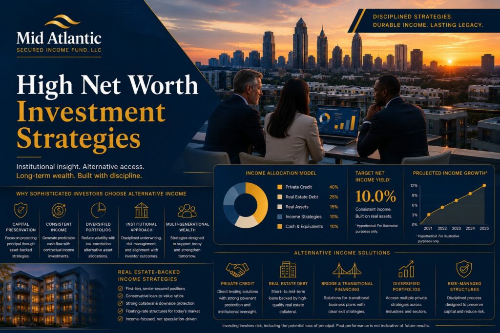 High net worth investment strategies featured image showing institutional portfolio analytics, Atlanta skyline, alternative investment visuals, and Mid Atlantic Secured Income Fund branding.