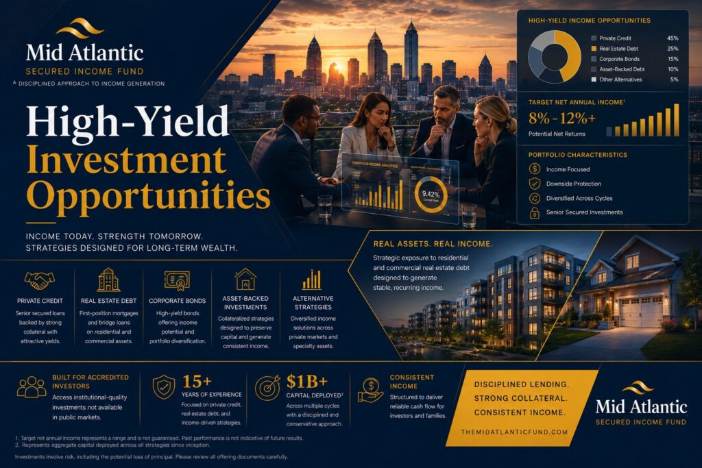 Institutional investors reviewing high-yield investment portfolio analytics overlooking the Atlanta skyline with private credit and real estate debt visualizations.