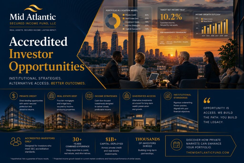 Affluent accredited investor reviewing alternative investment portfolio analytics overlooking the Atlanta skyline with institutional private credit and real estate debt fund visuals.