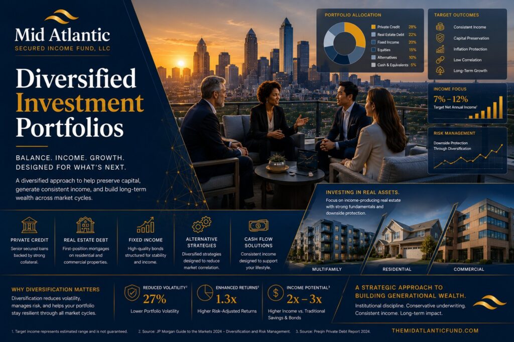 Institutional diversified investment portfolio visualization featuring alternative assets, fixed income allocation models, and real estate-backed investments against the Atlanta skyline.