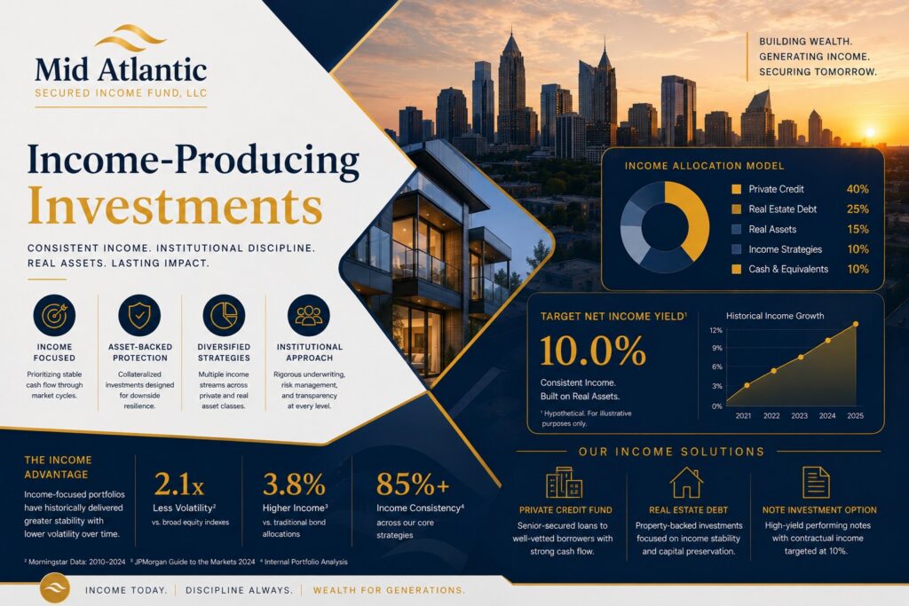 Institutional-style illustration of income-producing investments featuring portfolio analytics, passive income strategies, private credit allocation visuals, and real estate-backed investment concepts.