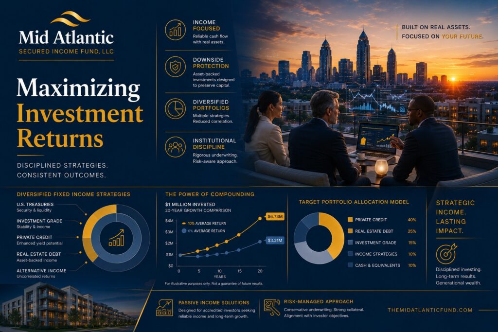 Affluent investors reviewing long-term portfolio allocation strategies with institutional analytics overlays and Atlanta skyline background representing maximizing investment returns through private credit and real estate-backed investments.