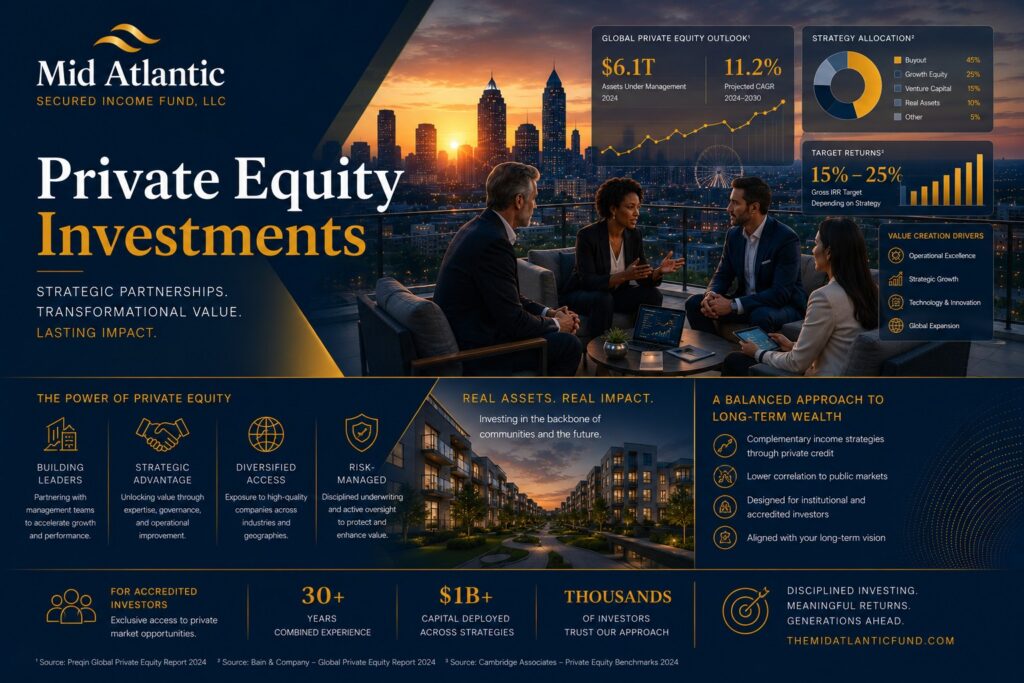 Institutional investors evaluating private equity investments and alternative asset portfolios overlooking the Atlanta skyline