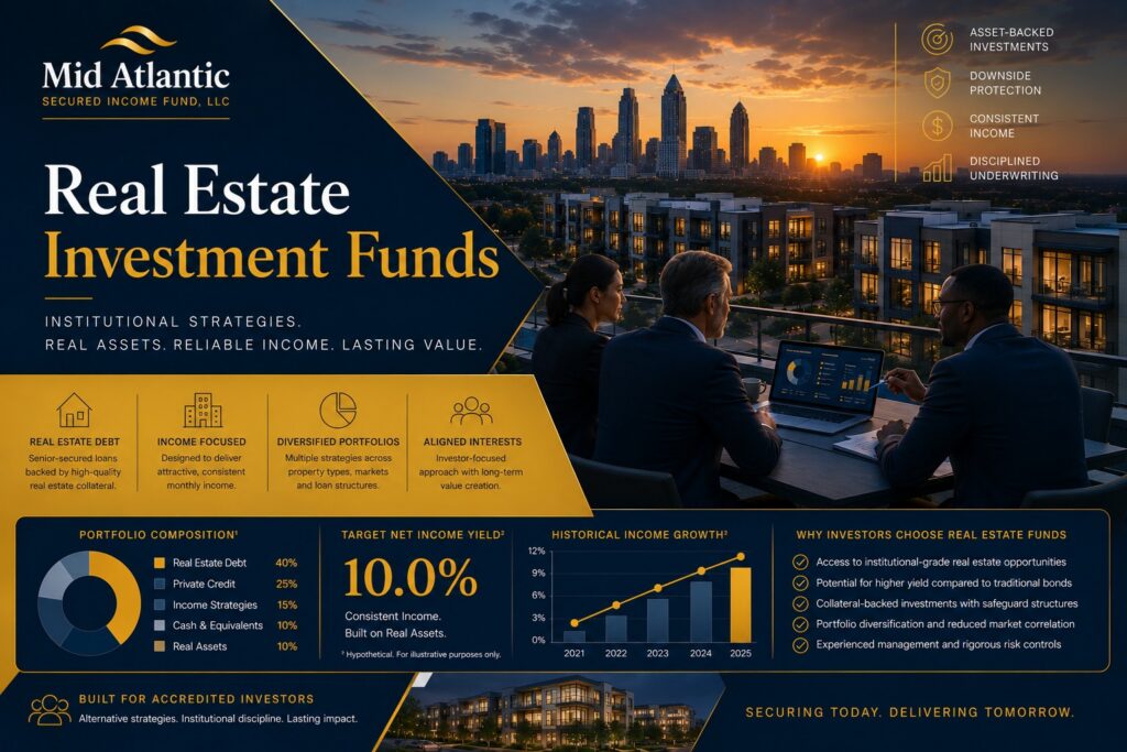 Real estate investment funds featured image showing institutional portfolio analytics, real estate-backed investments, Atlanta skyline, and Mid Atlantic Secured Income Fund branding.