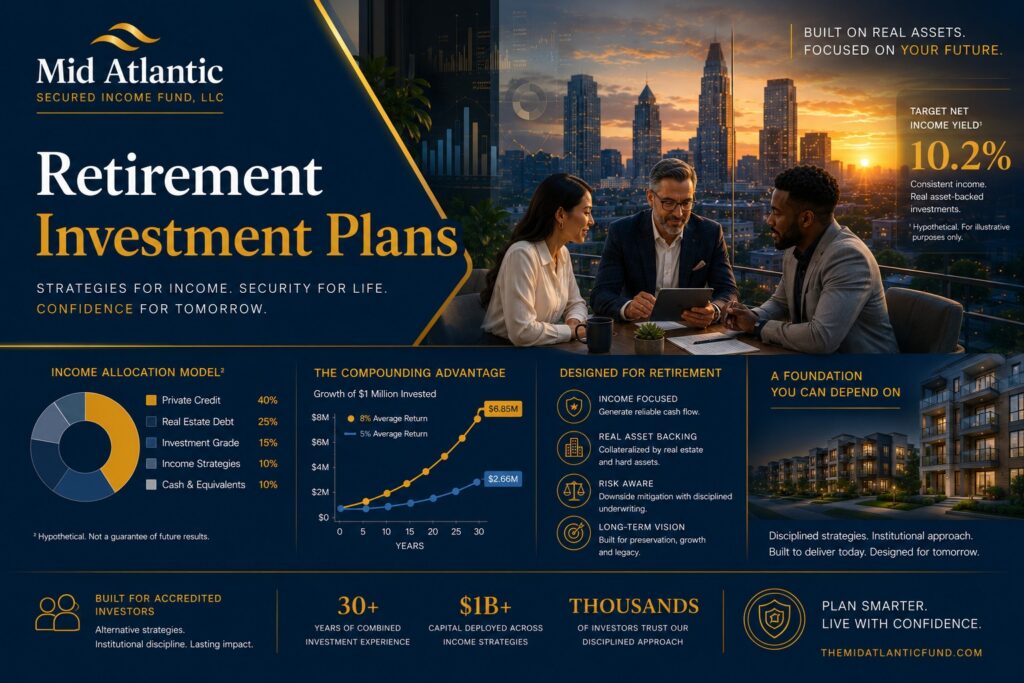 Institutional graphic showing retirement investment plans, private credit, real estate-backed income strategies, and portfolio diversification with Mid Atlantic Secured Income Fund branding.