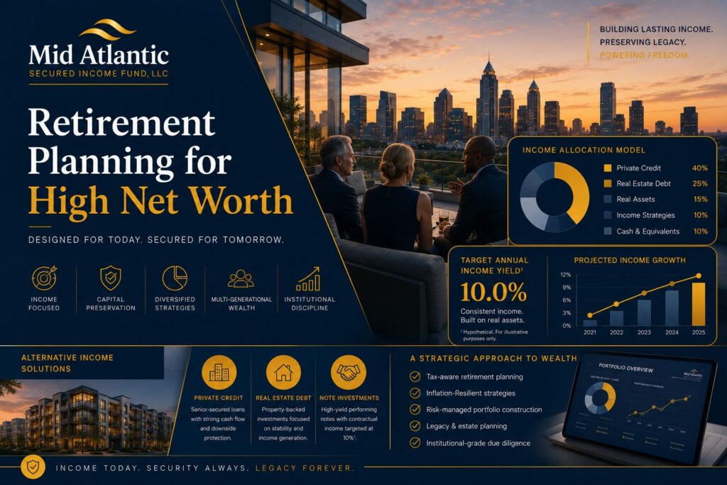 High net worth investors reviewing retirement planning and portfolio diversification strategies with alternative investments and private credit allocations overlooking the Atlanta skyline.