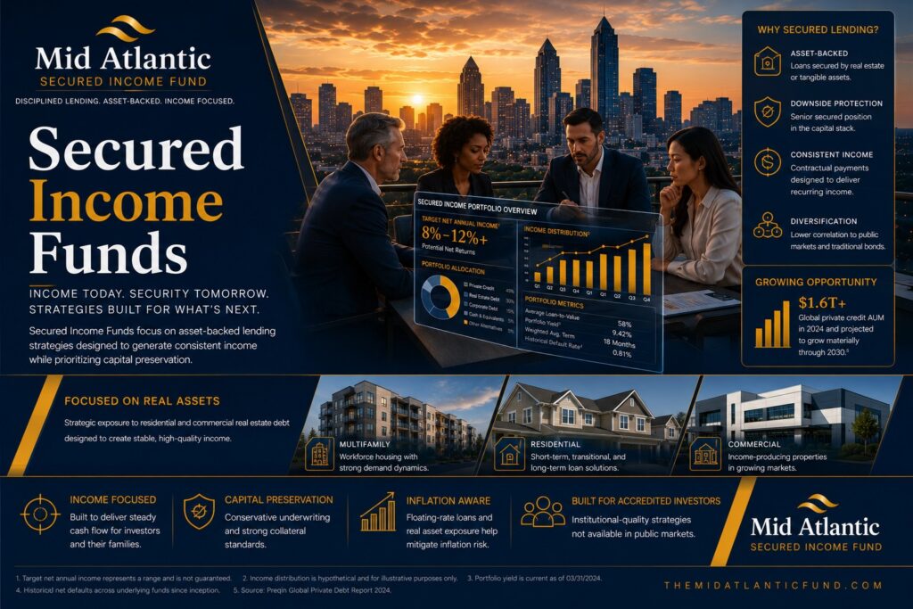 Institutional investors reviewing secured income fund portfolio analytics overlooking the Atlanta skyline with real estate-backed lending and private credit visualizations.