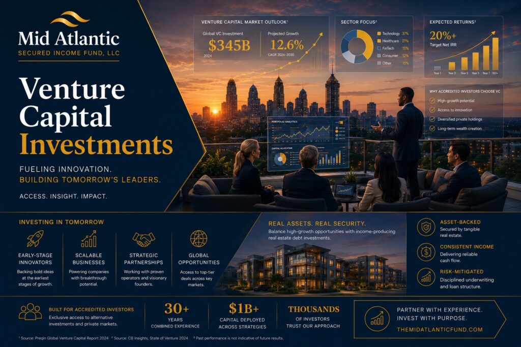 Institutional investors reviewing venture capital investment analytics and private market portfolio strategies overlooking the Atlanta skyline