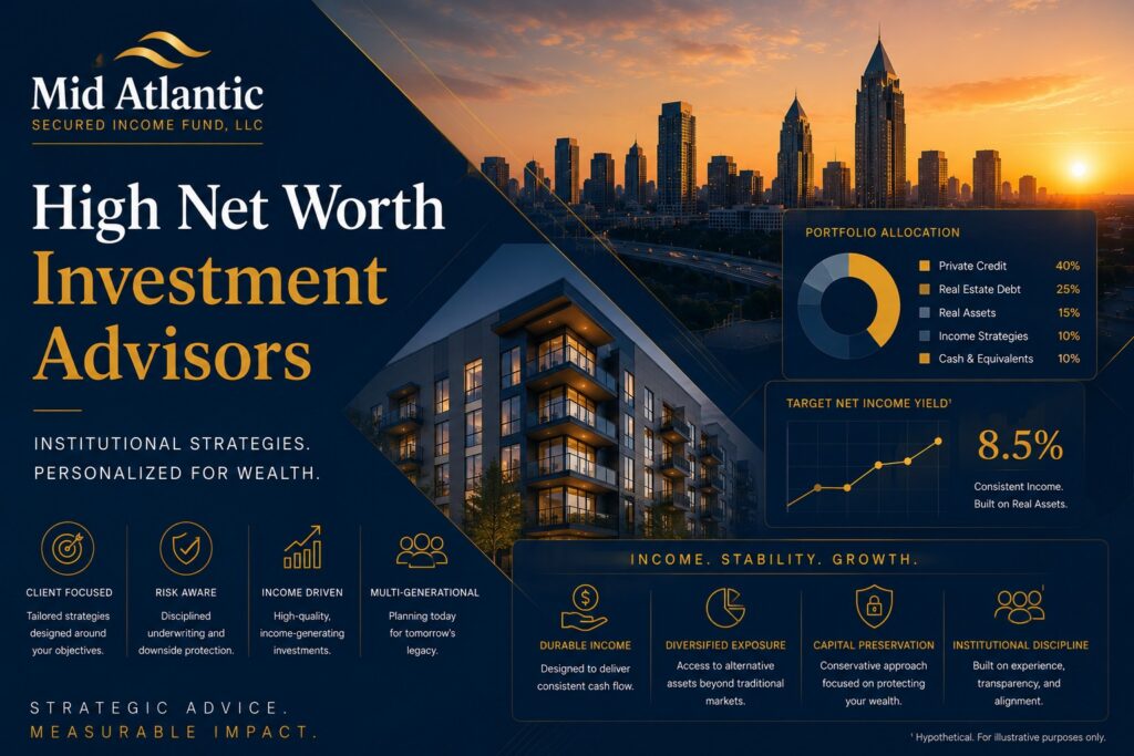 Institutional-style graphic for high net worth investment advisors featuring portfolio analytics, modern architecture, Atlanta skyline imagery, and Mid Atlantic Secured Income Fund branding.