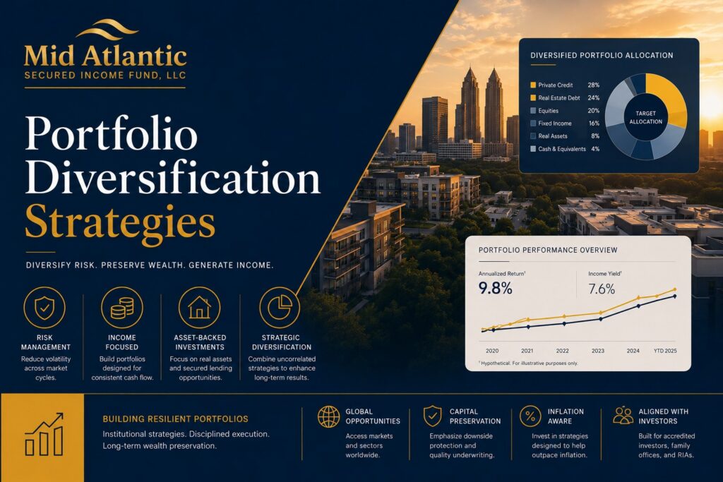 Institutional-style illustration representing portfolio diversification strategies with abstract asset allocation graphics, private credit analytics, real estate investment overlays, and retirement portfolio planning in navy and gold branding.