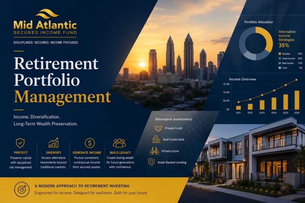 Retirement portfolio management strategy featuring alternative investments, SDIRA investing, private credit, and income-focused diversification for long-term wealth preservation.